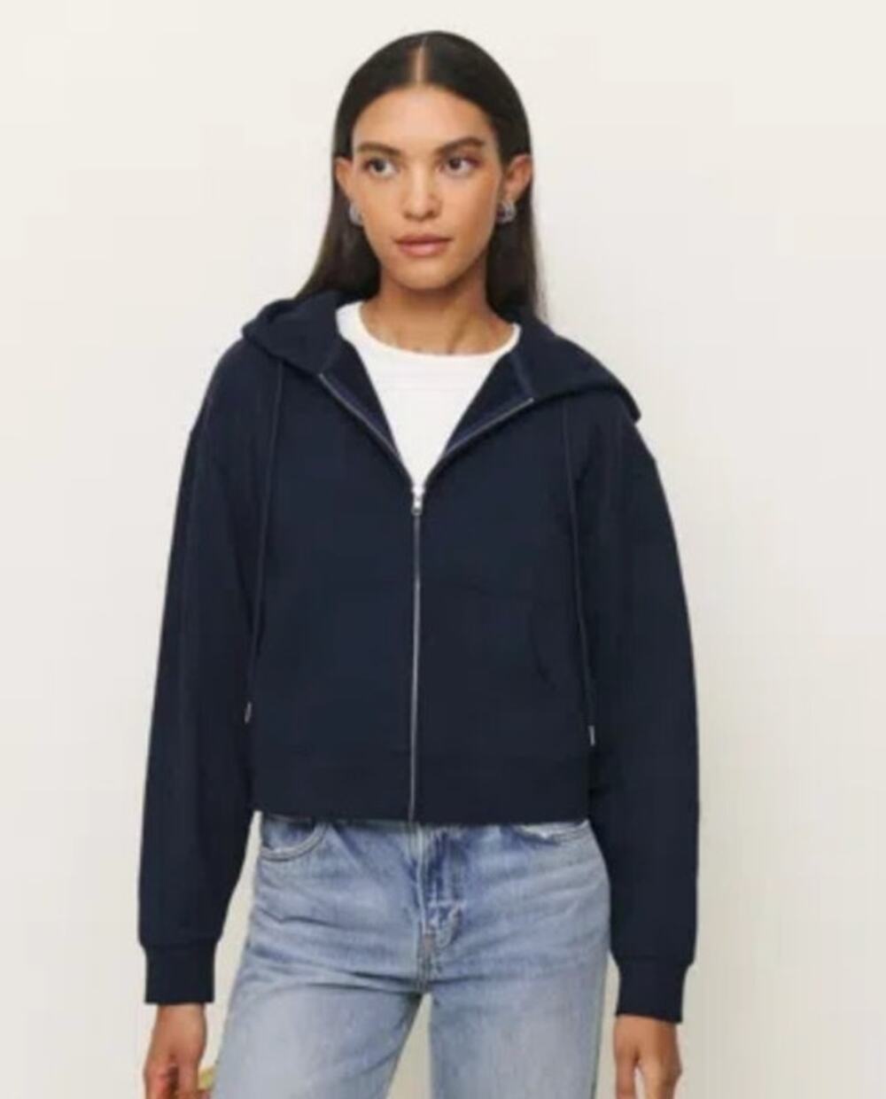 Reformation Austin Zip Up Hoodie Navy Organic Cotton Size M